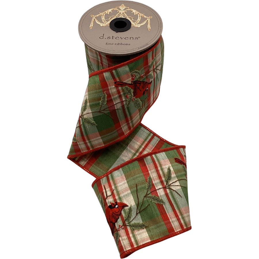 4" x 5yds Dupion Plaid Embroidery Cardinal on Branch Red