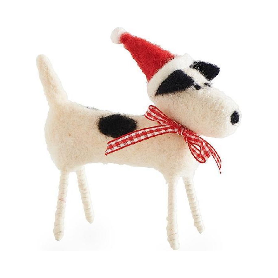 8" Wool Dog in Santa Hat Ornament