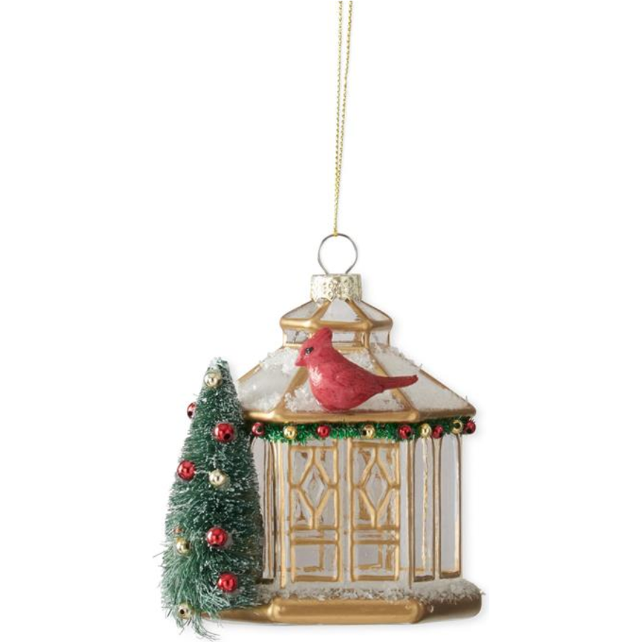 4" Glass Gazebo w/Bottle Brush Tree & Bird Ornament