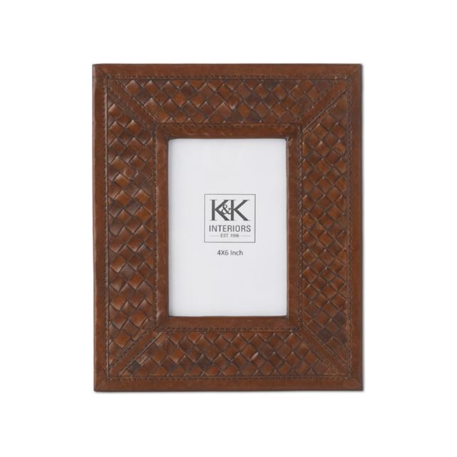 Tan Leather Basket Weave Photo Frame Sm