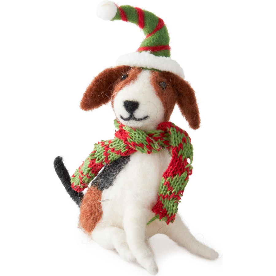 6" Wool Dog w/Striped Elf Hat Ornament