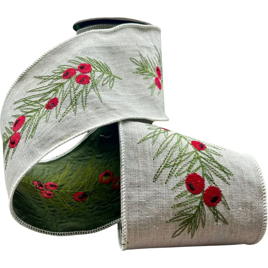 4" x 5yds Cotton Embroidery Berry Greenery Cream