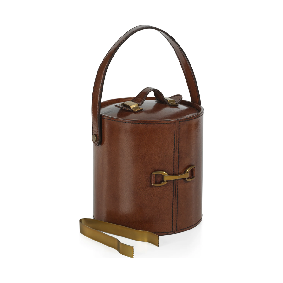 The Connaught Leather Ice Bucket w/Gold Metal Ice Tong