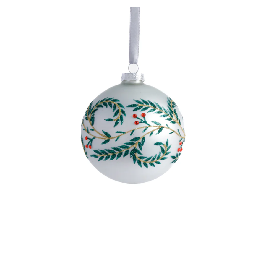 4" Metallic White Glass Ball Ornament w/ Green Leaf Design Medium