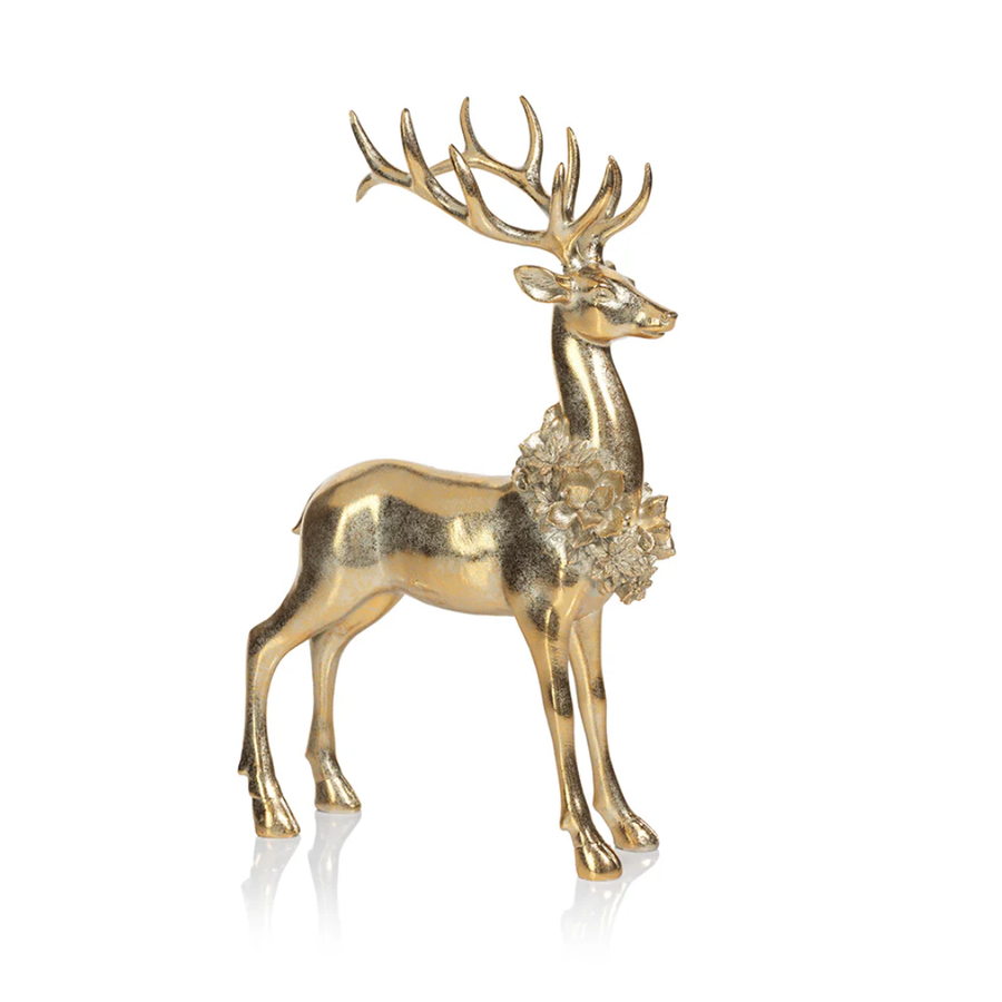 13.75" Golden Deer with Floral Wreath Standing