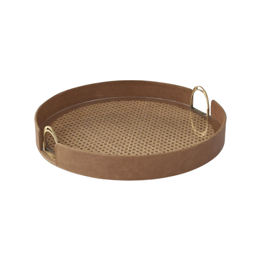Tan Leather & Cane Tray w Stirrup Handles 18"