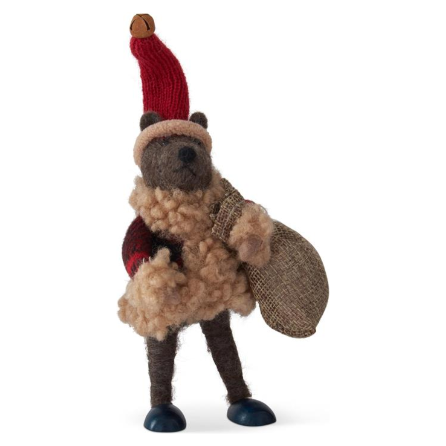 7" Wool Bear w/Hat & Bag Ornament