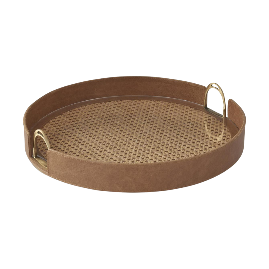 Tan Leather & Cane Tray w Stirrup Handles 20"