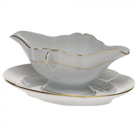 Golden Edge Gravy Boat with Fixed Stand