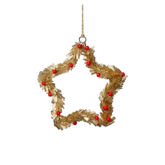 Beaded Star Ornament 6" Gold w/Red Berries