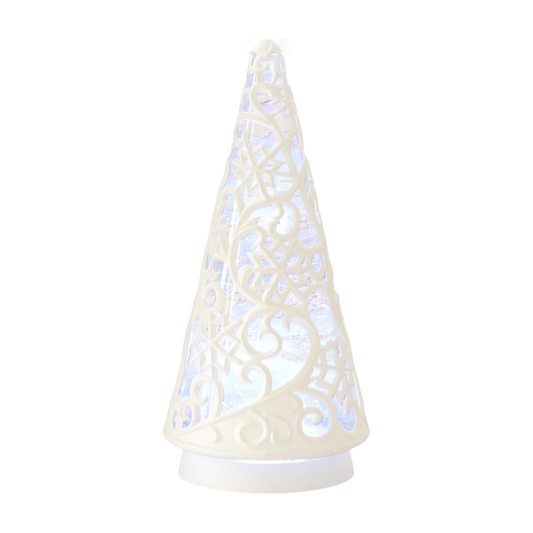 12" White Scrolled Snowflake Water Spinning LED Tree w/Timer