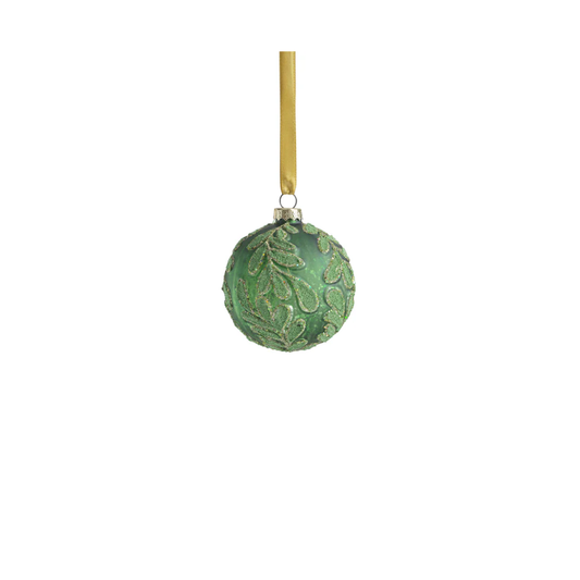 Beaded Leaf Pattern on Matt Green Embossed Glass Ornament 3.25"