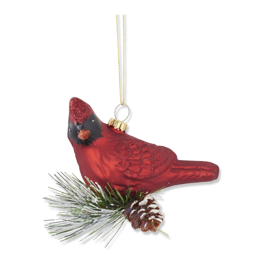 3.5" Red Glittered Glass Cardinal Ornament w/Pine