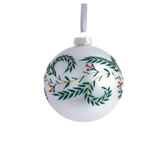 4.75" Metallic White Glass Ball Ornament w/Green Leaf Design Large