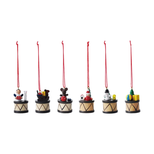 2"H Wood Holiday Drum Ornaments Set of 6