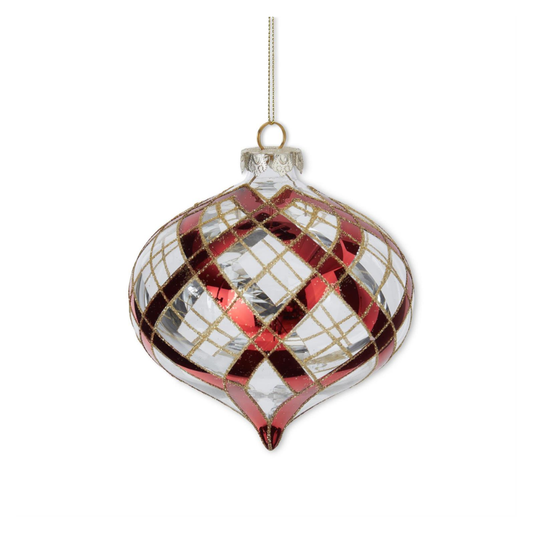 5" Glass Onion Ornament w/Glittered Red & Gold Plaid