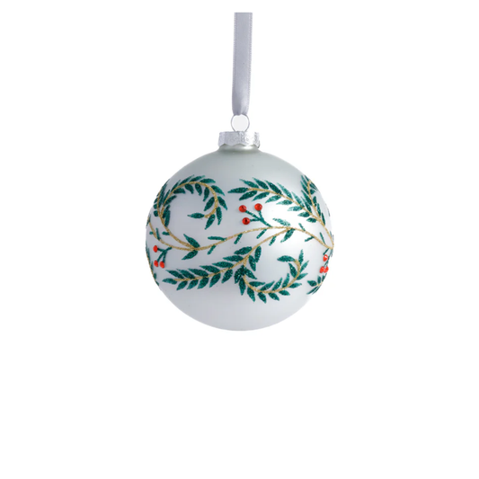 4" Metallic White Glass Ball Ornament w/ Green Leaf Design Medium