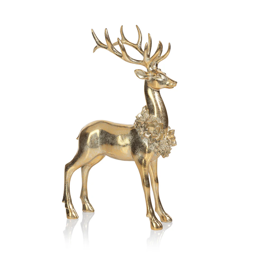 13.75" Golden Deer with Floral Wreath Standing