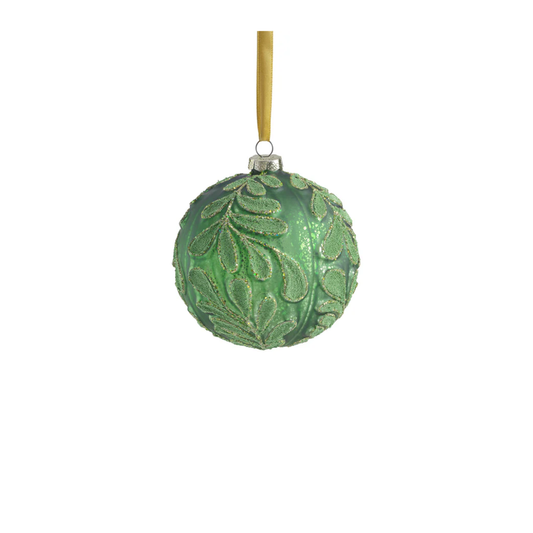 Beaded Leaf Pattern on Matt Green Embossed Glass Ornament 4.75"