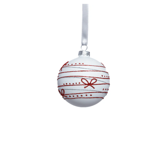 Matte Glass Ornament White w/Red Ribbon Design 3.25"