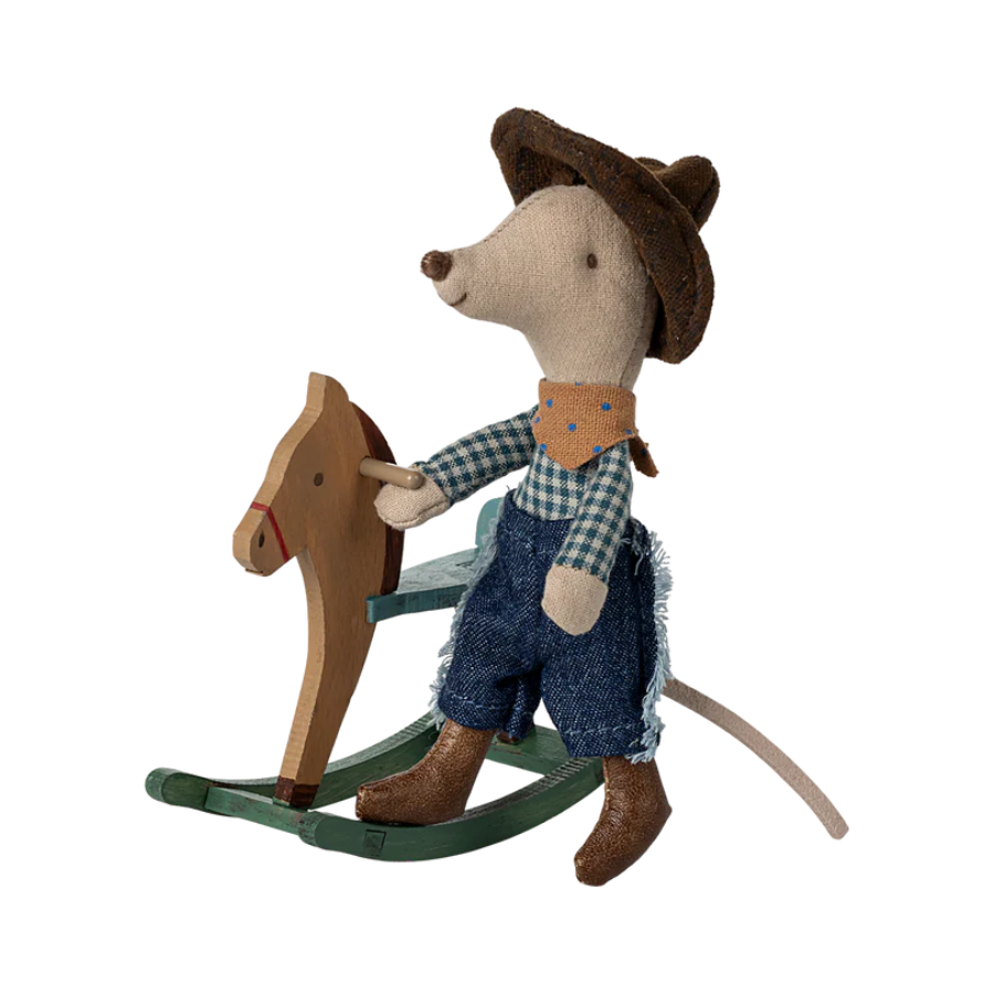 Little Brother Cowboy Mouse on Rocking Horse