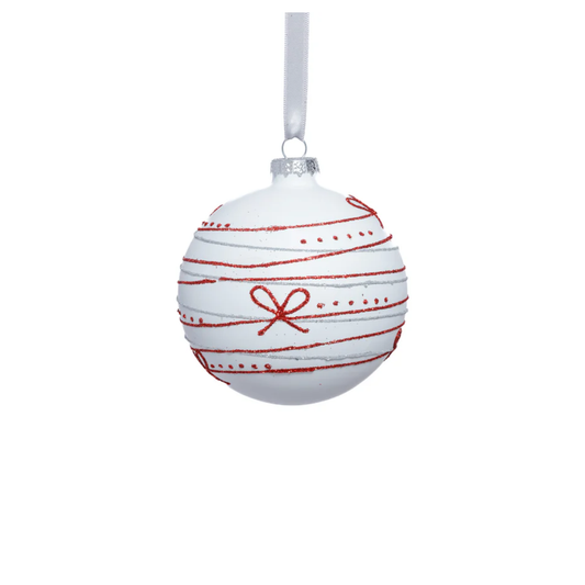 Matte Glass Ornament White w/ Red Ribbon Design 4"