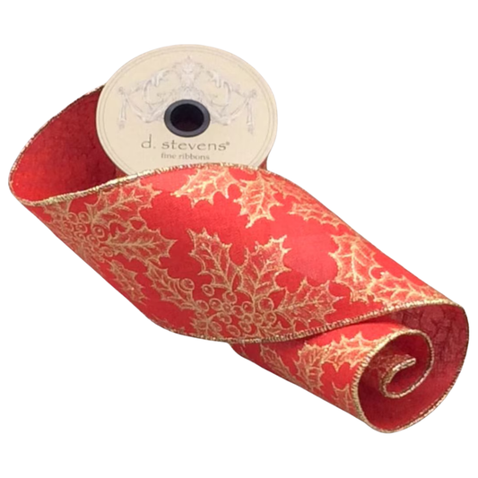 4" x 10yds Linen Gold Holly Red