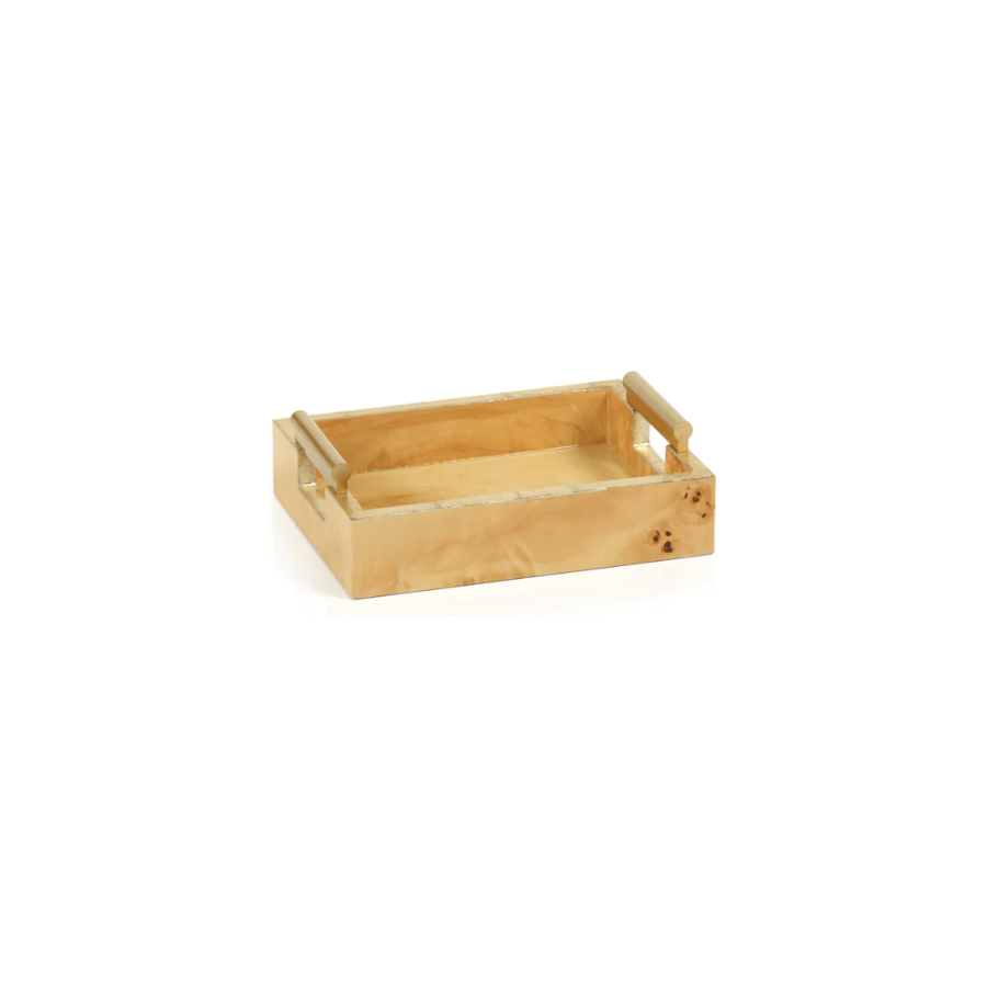 9.5" Leiden Burl Wood Rectangular Tray w/ Gold Handles