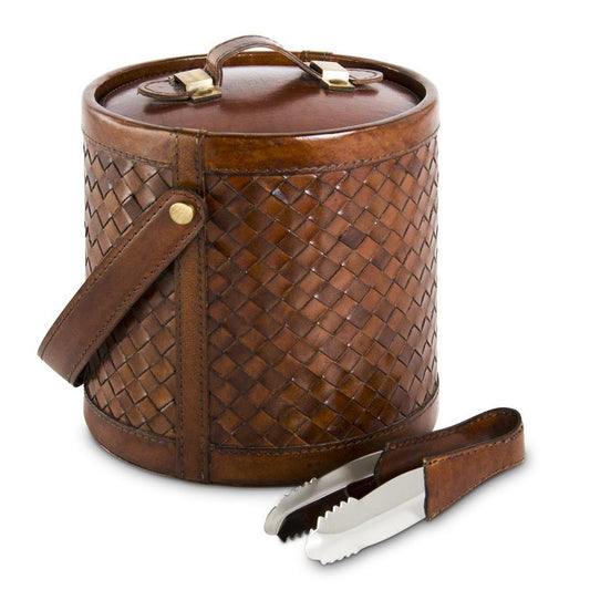 Tan Leather Ice Bucket w/Tongs