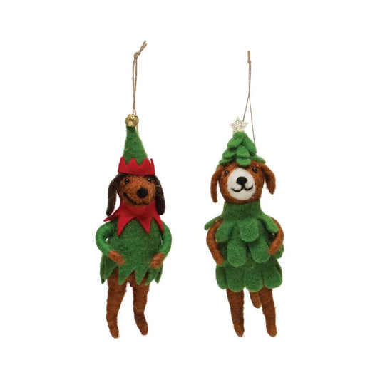 Felt Dog in Tree/Elf Outfit Ornament
