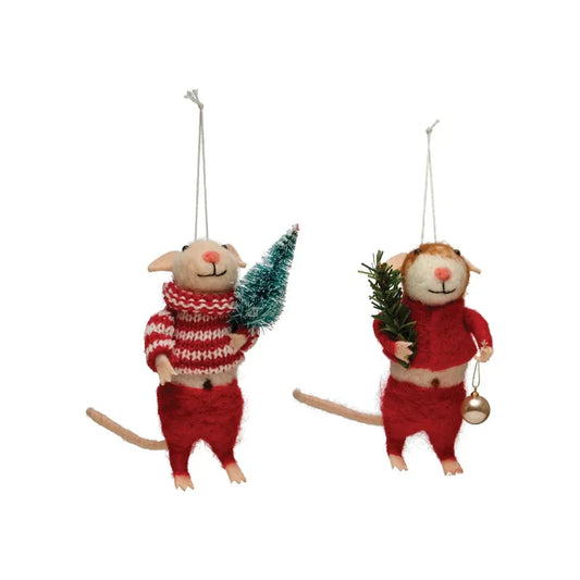 Felt Mouse in Outfit w/Faux Trees Ornament