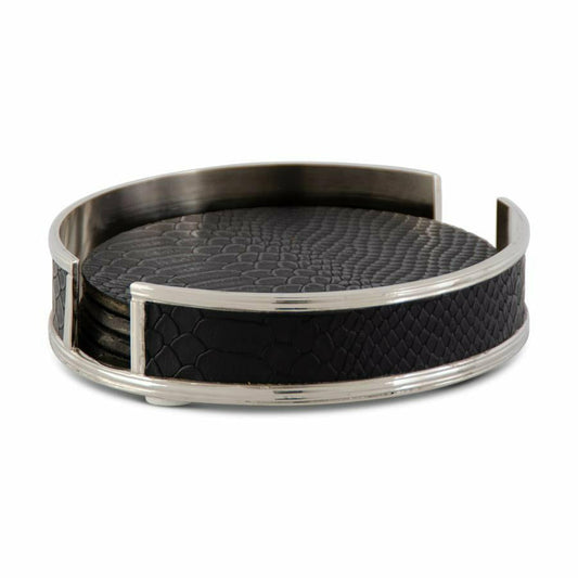 5.5" Silver Black Leather Round Coasters Set/4