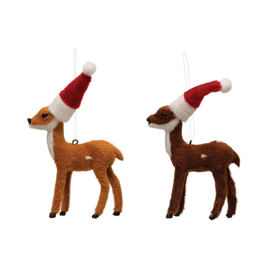 Faux Fur Reindeer in Santa Hat Ornament