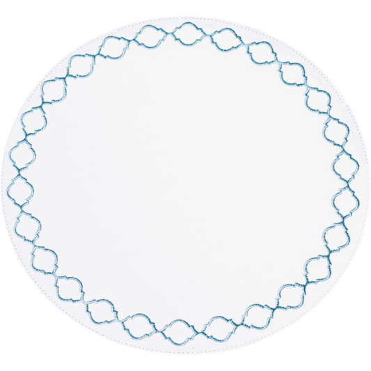 VIDA Round Embroidered Quatrefoil Placemats Blue Set/4