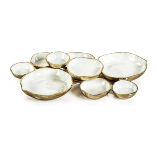 Cluster of 9 Bowls Gold w/ White Enamel